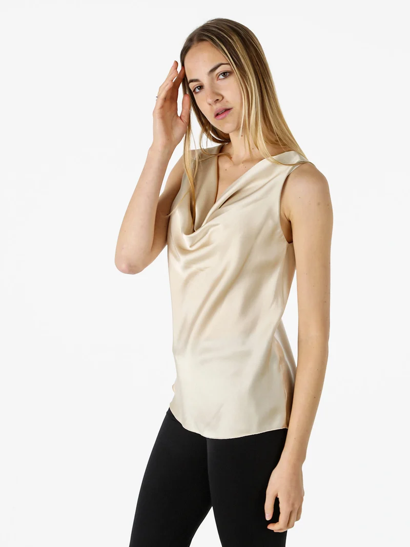 Top donna effetto raso con scollo a cascata - beige