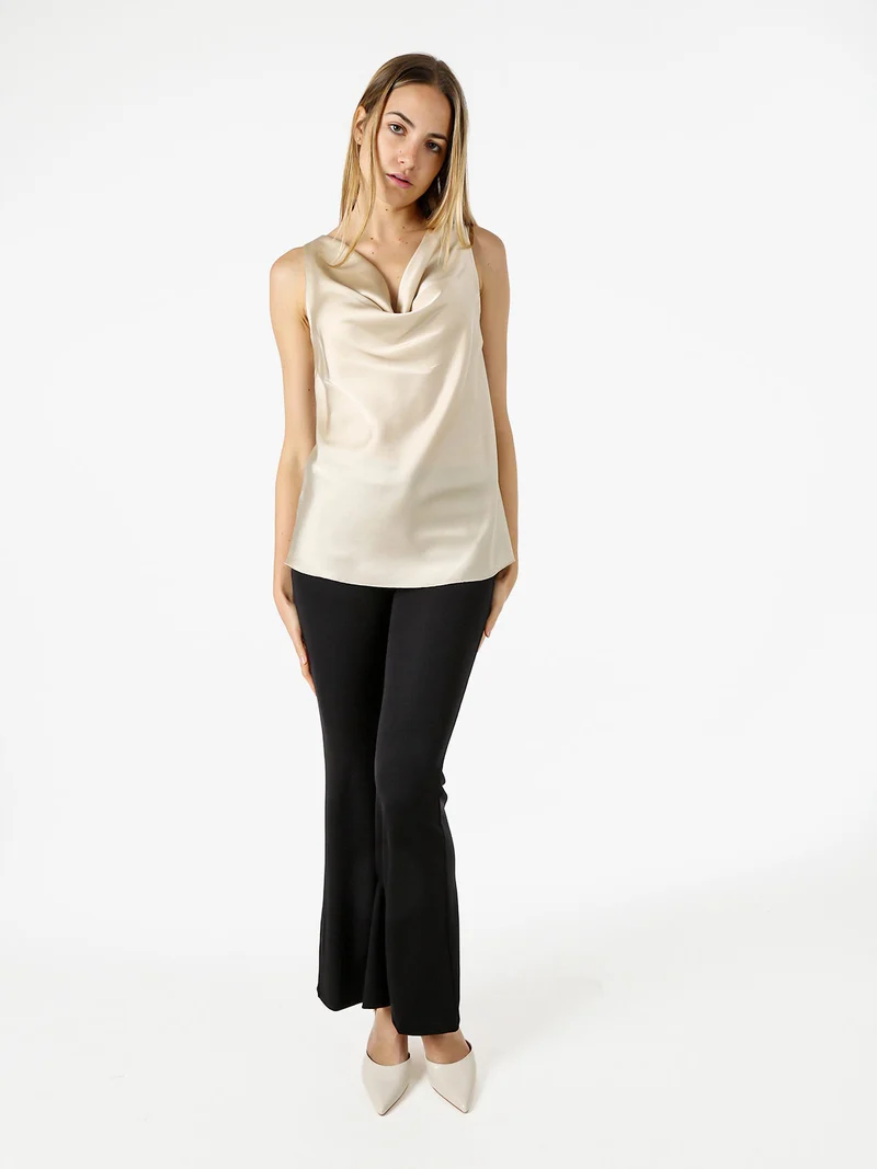 Top donna effetto raso con scollo a cascata - beige