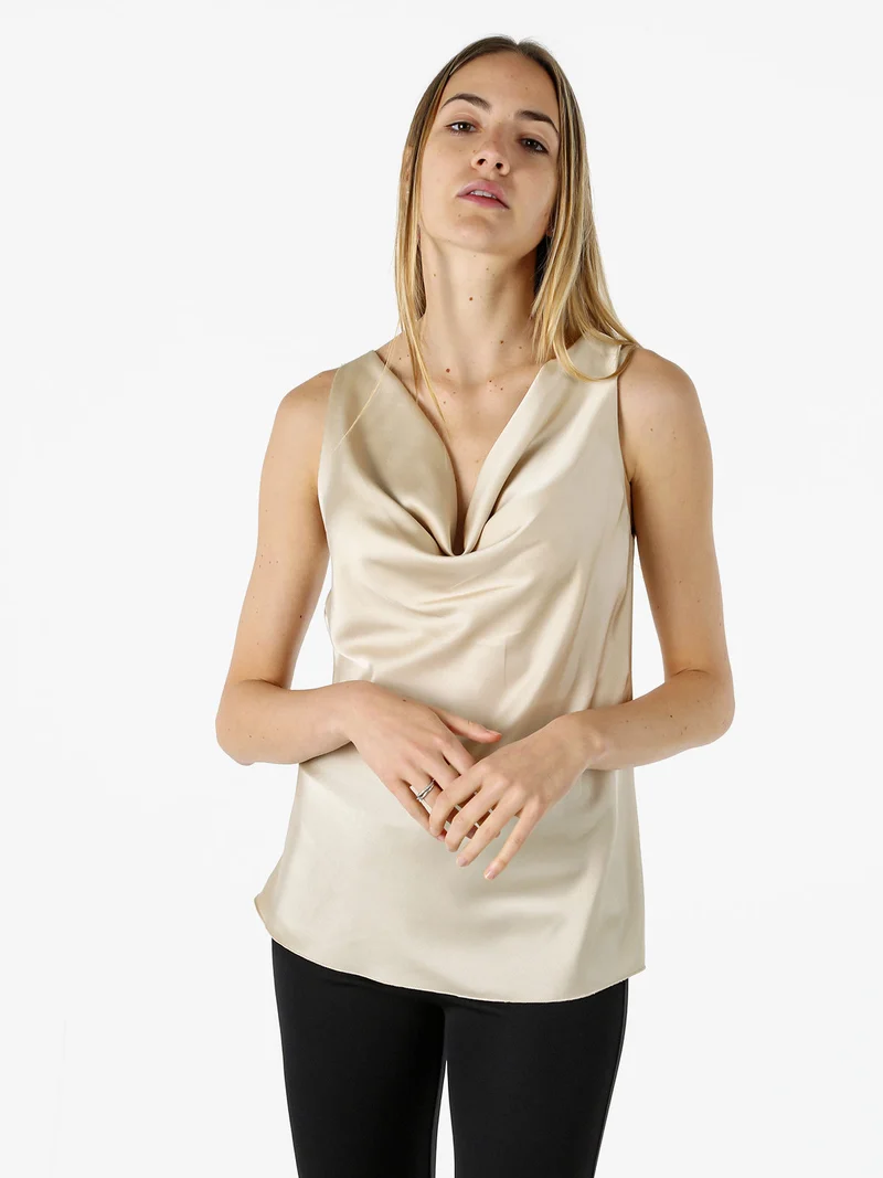 Top donna effetto raso con scollo a cascata - beige