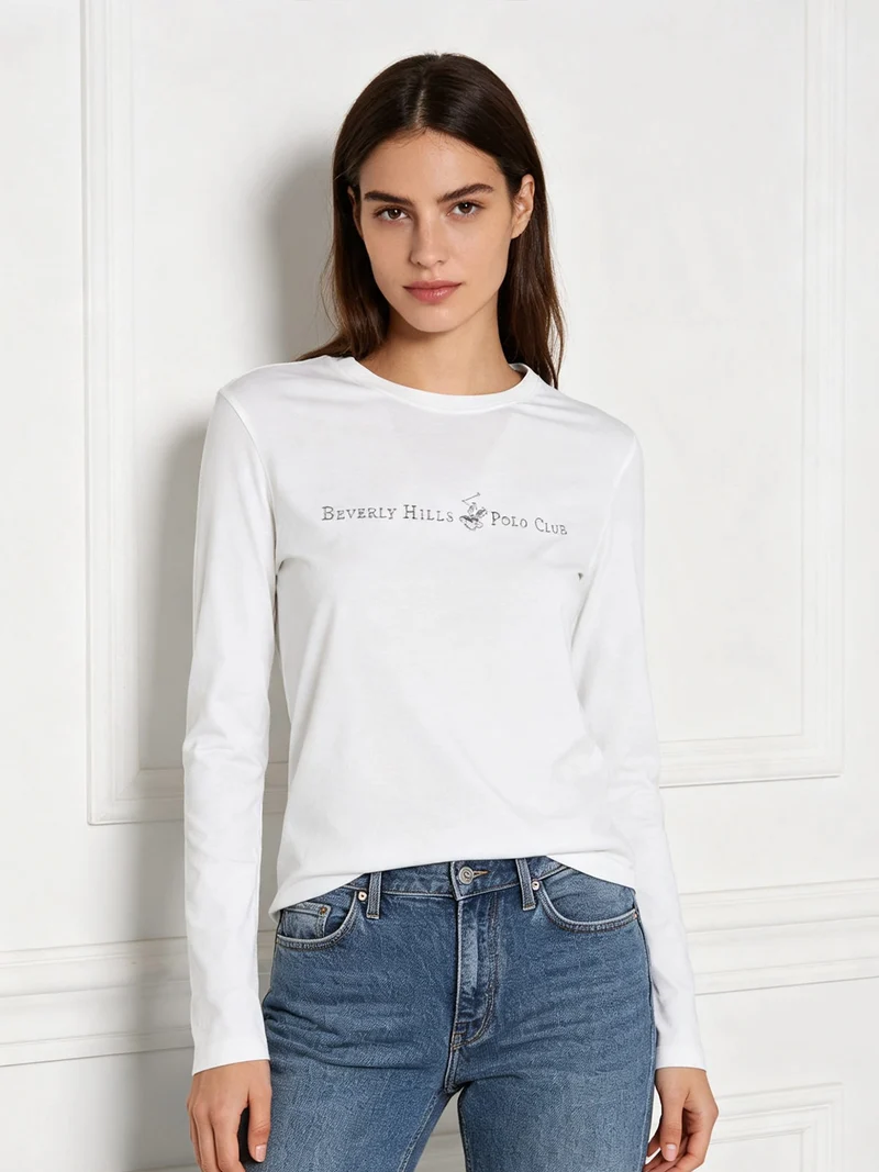 T-shirt girocollo da donna a maniche lunghe in cotone - bianco