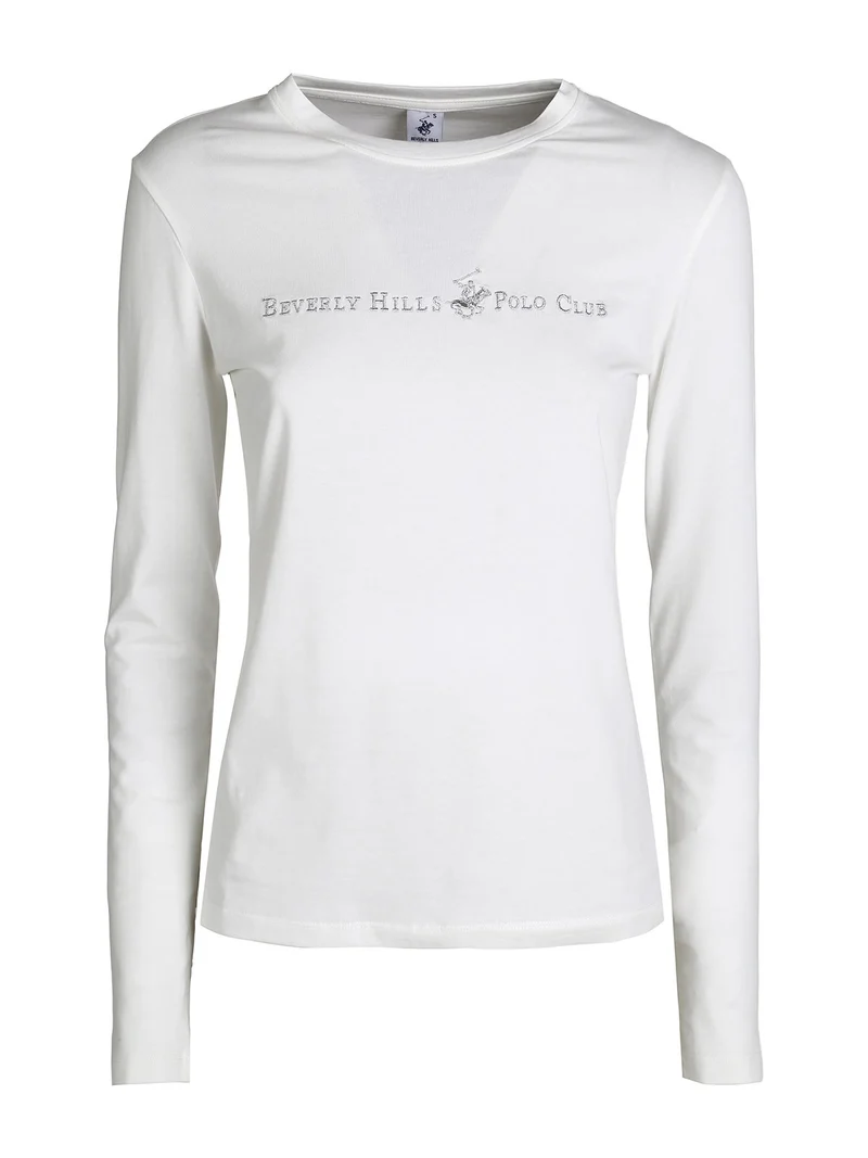 T-shirt girocollo da donna a maniche lunghe in cotone - bianco