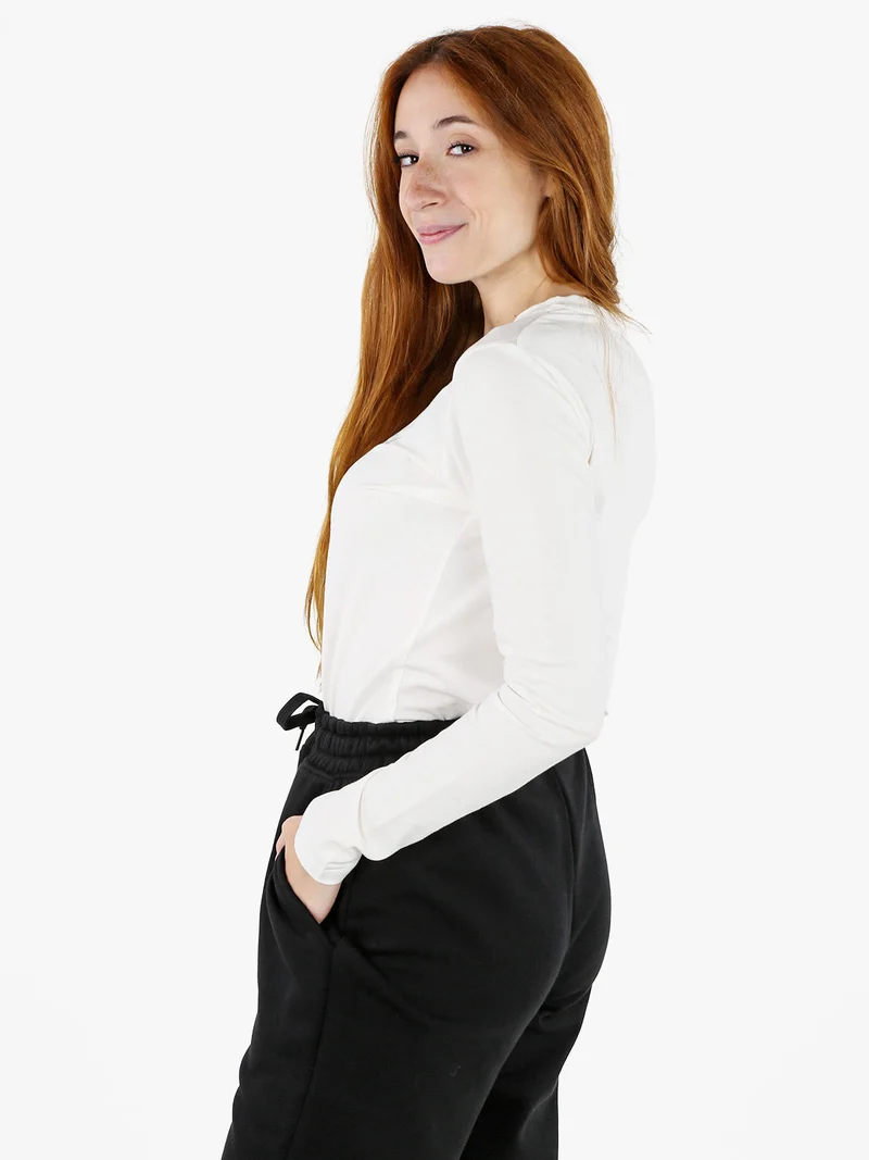 T-shirt girocollo da donna a maniche lunghe in cotone - bianco