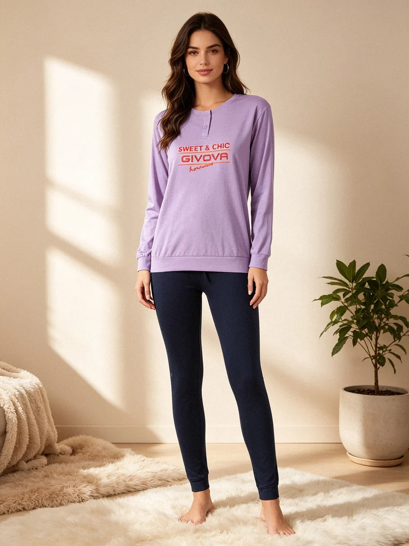 Pigiama lungo da donna in misto cotone jersey - lilla