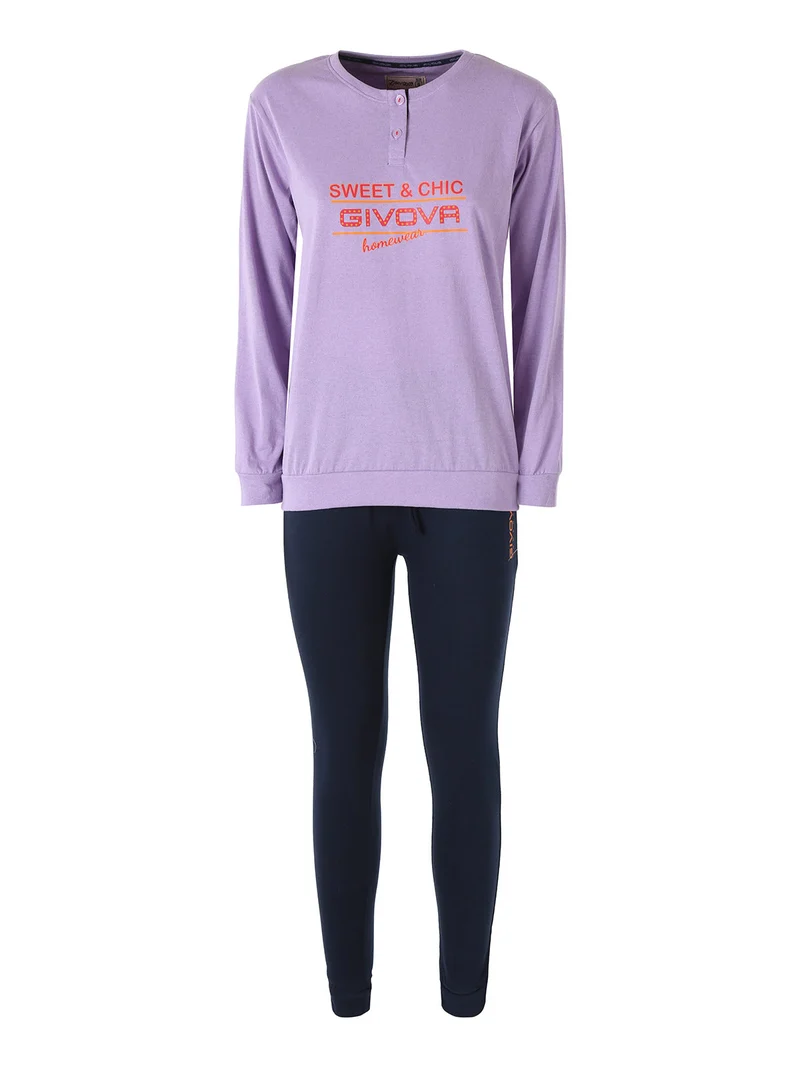 Pigiama lungo da donna in misto cotone jersey - lilla