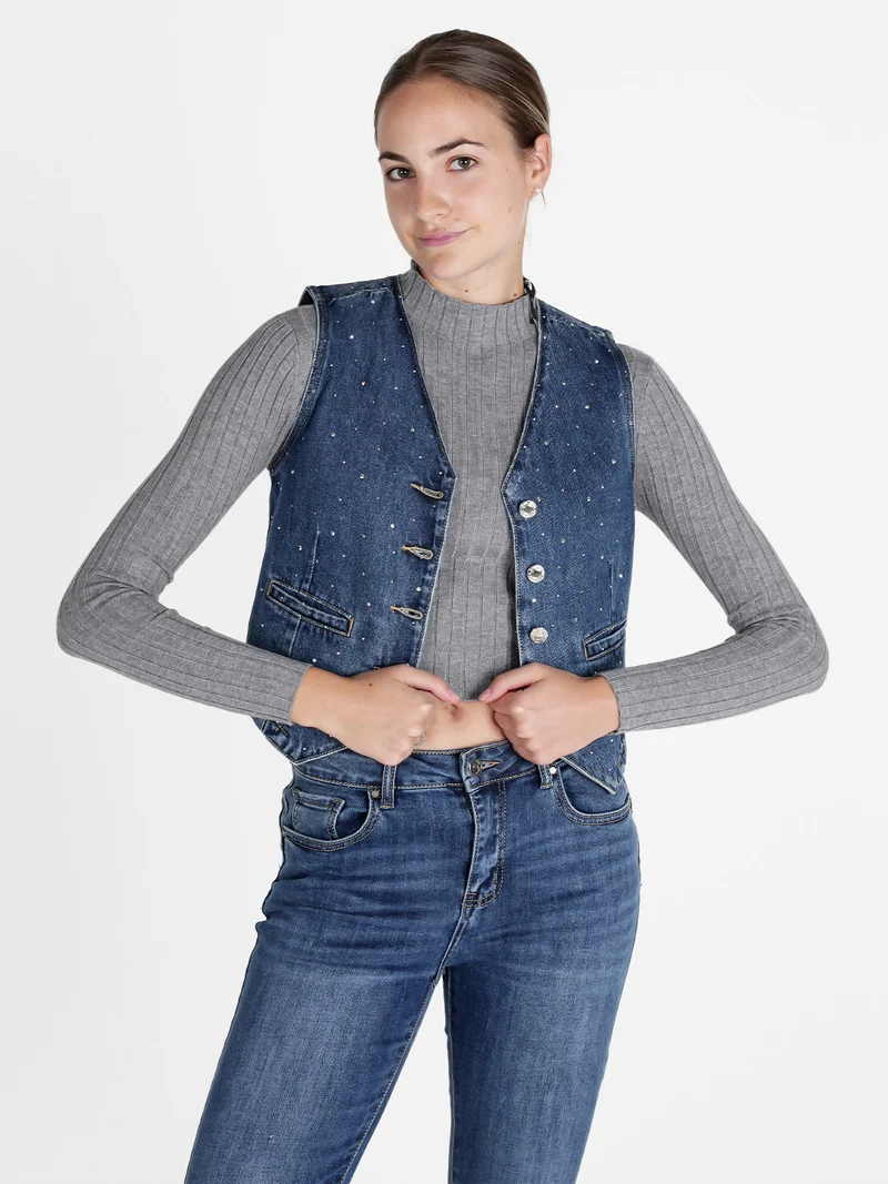 Gilet donna in jeans con strass - jeans
