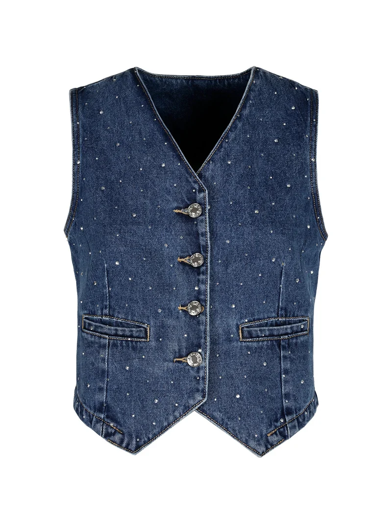 Gilet donna in jeans con strass - jeans