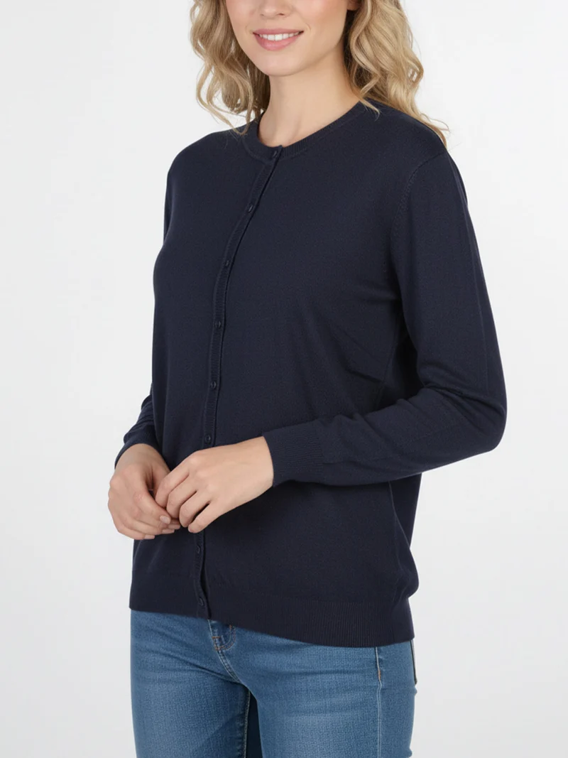 Cardigan girocollo da donna in maglia - blu scuro