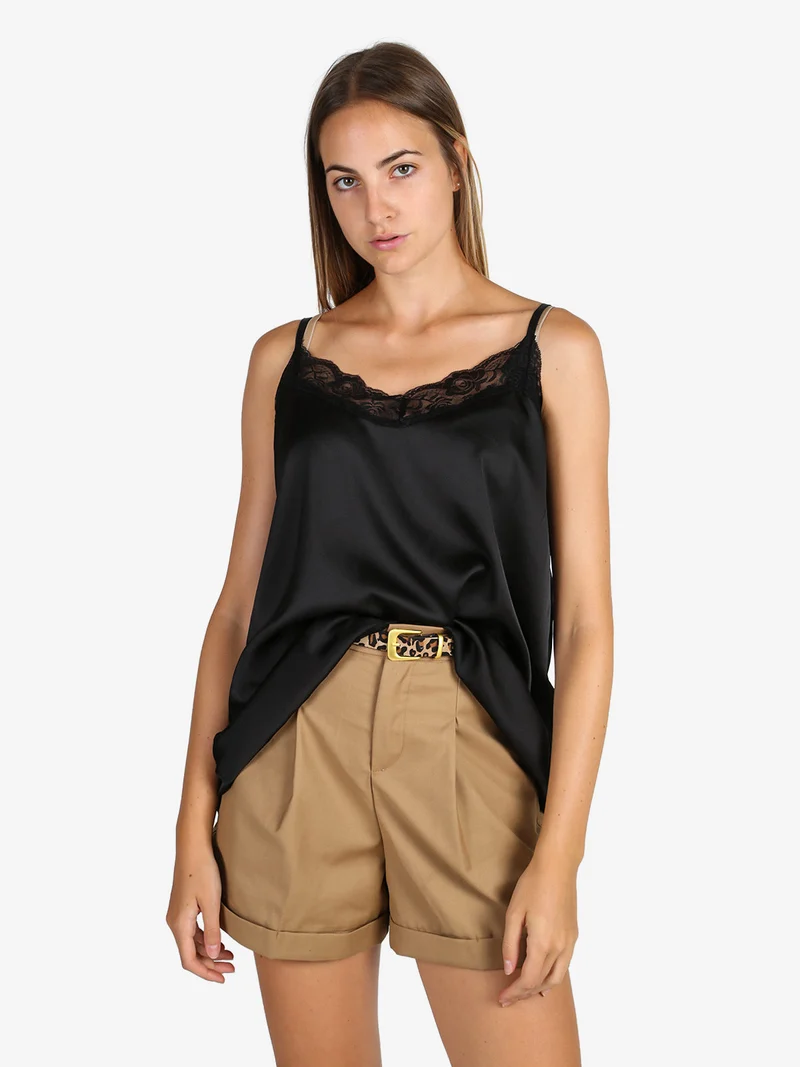 Top donna effetto raso con pizzo - nero
