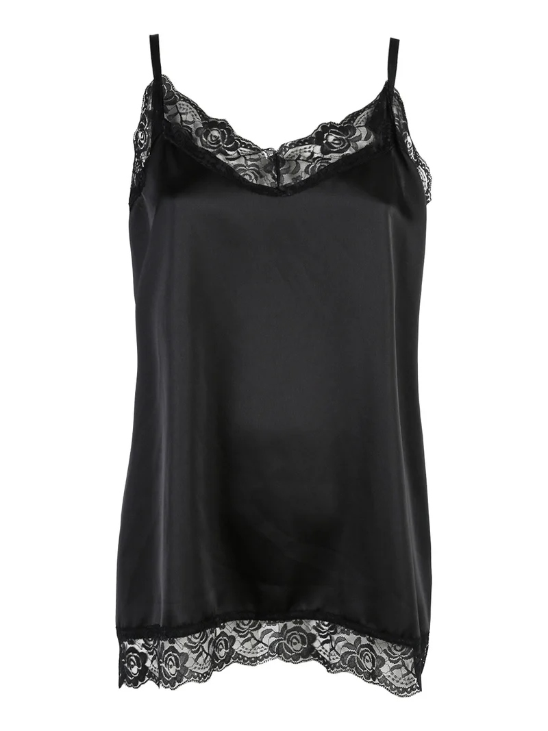 Top donna effetto raso con pizzo - nero