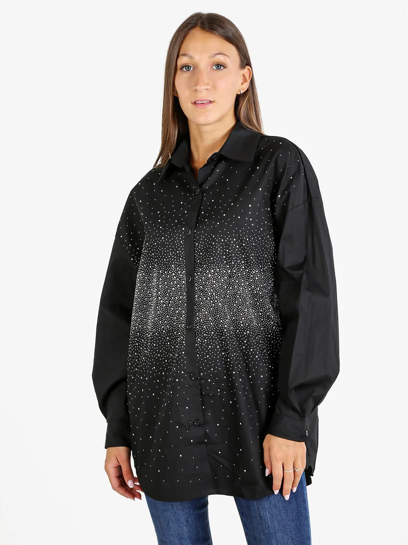 Camicia donna oversize con strass a maniche lunghe - argento
