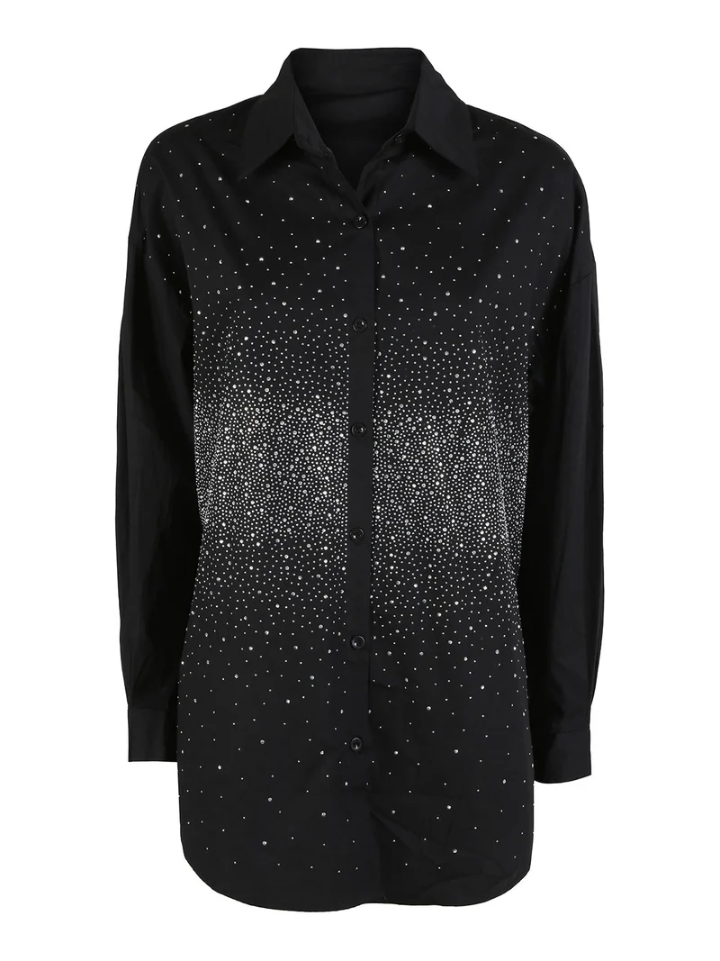 Camicia donna oversize con strass a maniche lunghe - argento