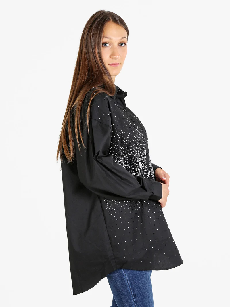 Camicia donna oversize con strass a maniche lunghe - argento
