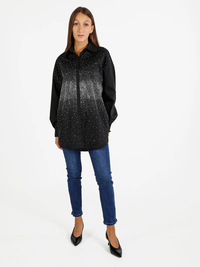 Camicia donna oversize con strass a maniche lunghe - argento