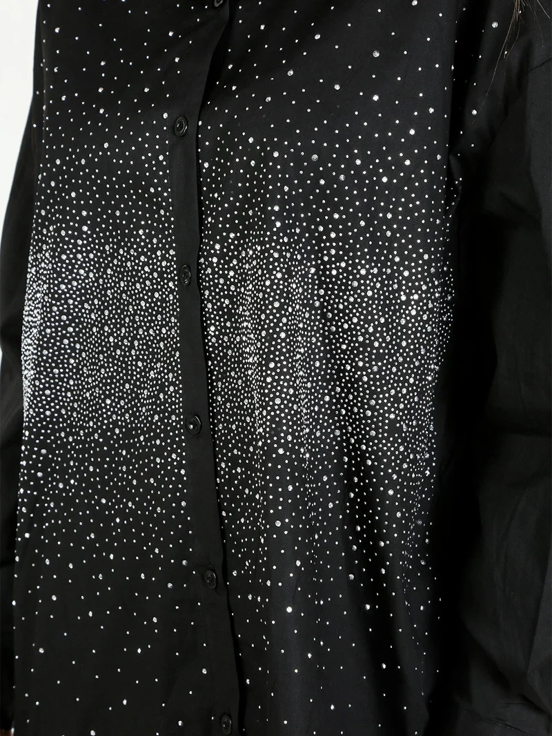 Camicia donna oversize con strass a maniche lunghe - argento