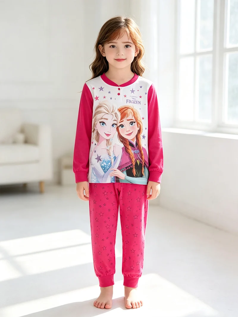 Pigiama lungo da bambina in cotone con stampa - fucsia