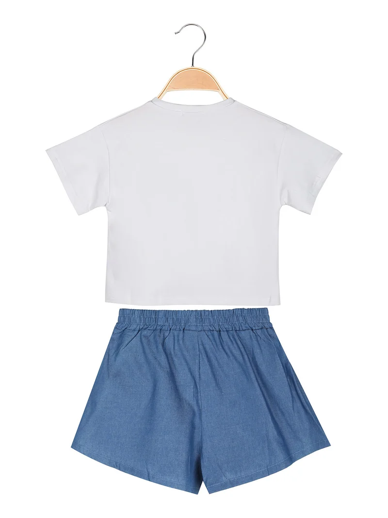 Completo da bambina con t-shirt cropped e shorts in jeans con strass - bianco