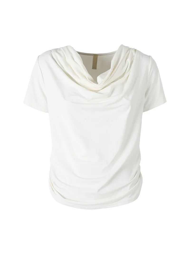 Blusa donna a maniche corte con scollo a cascata - bianco