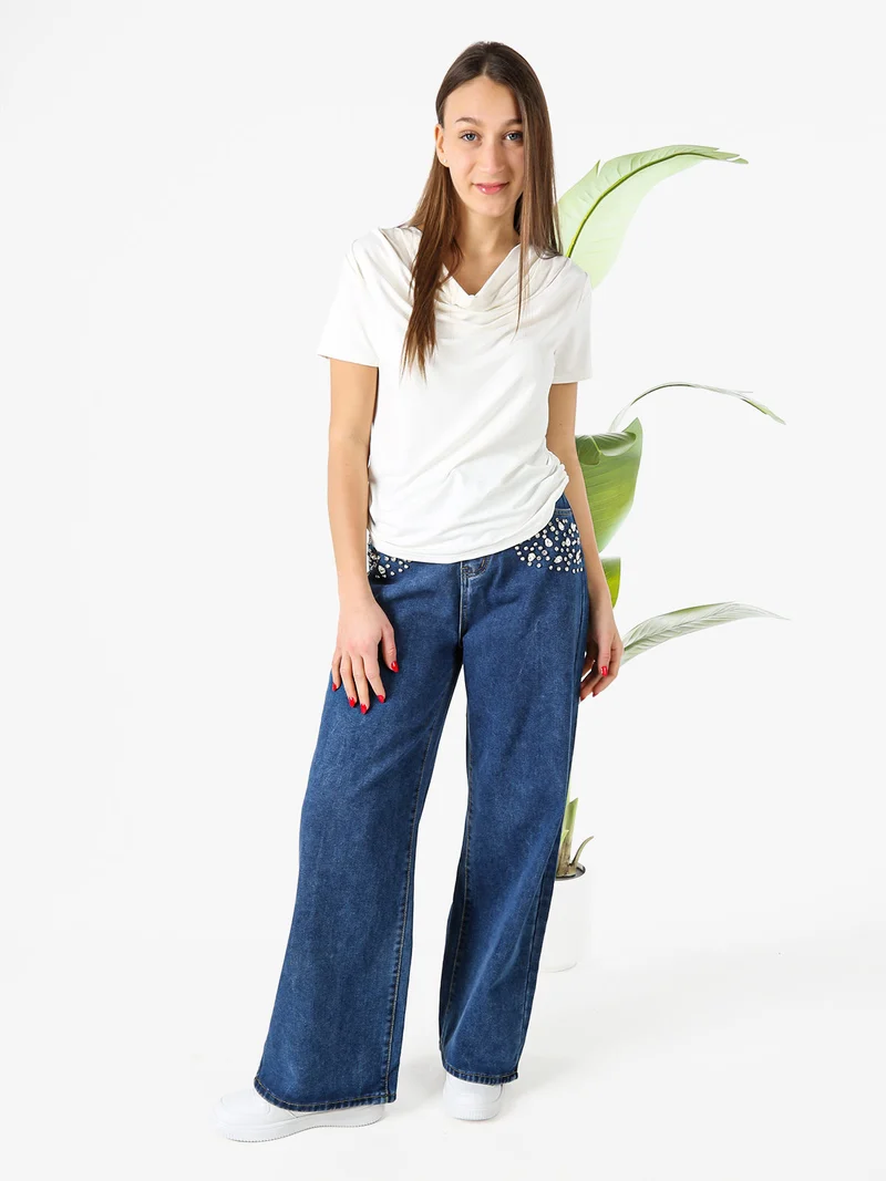 Blusa donna a maniche corte con scollo a cascata - bianco