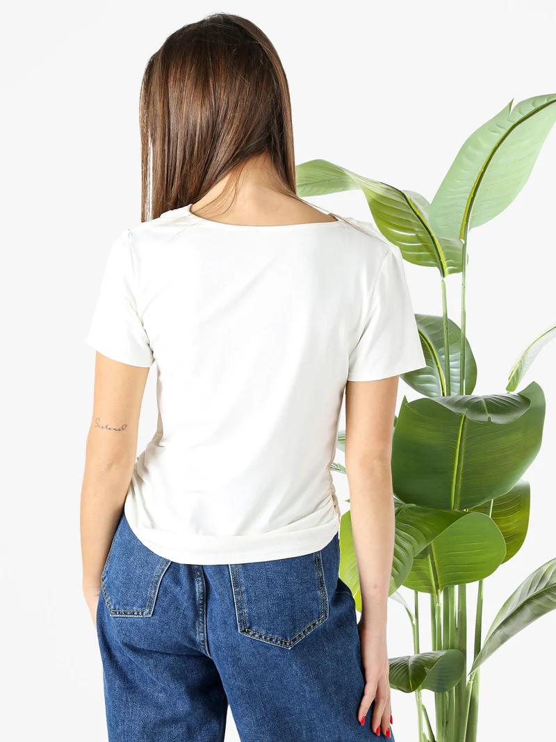 Blusa donna a maniche corte con scollo a cascata - bianco