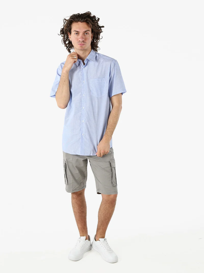 Camicia da uomo rigata a maniche corte con taschino - azzurro