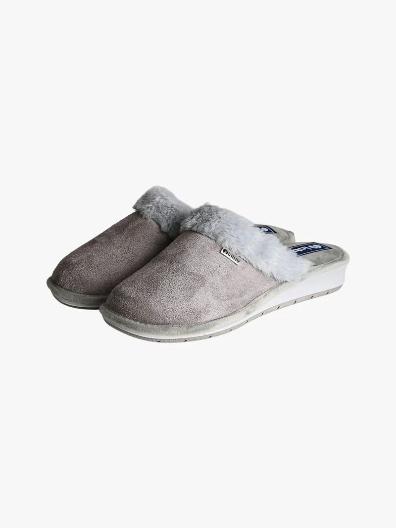 Pantofole donna con bordo in ecopelliccia e zeppa - grigio