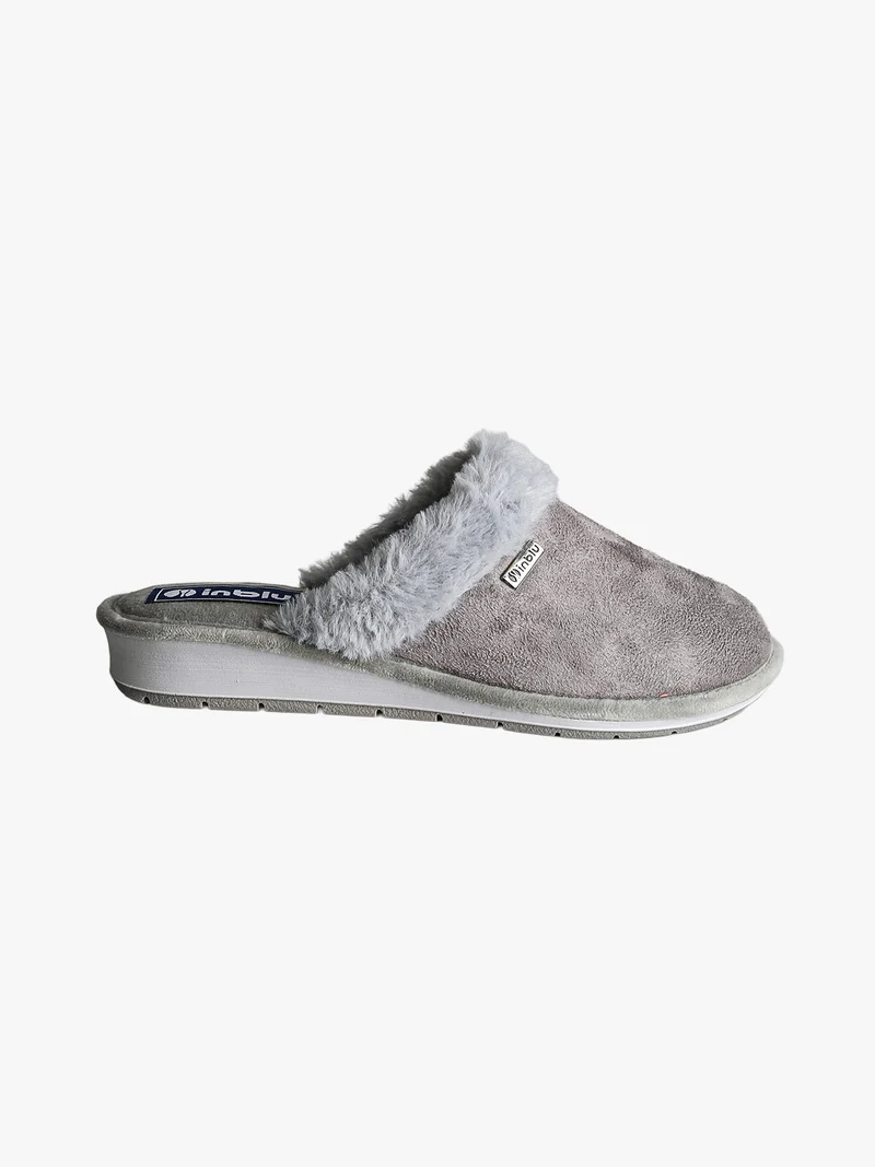 Pantofole donna con bordo in ecopelliccia e zeppa - grigio
