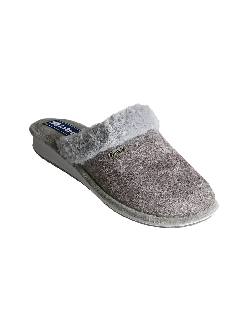 Pantofole donna con bordo in ecopelliccia e zeppa - grigio
