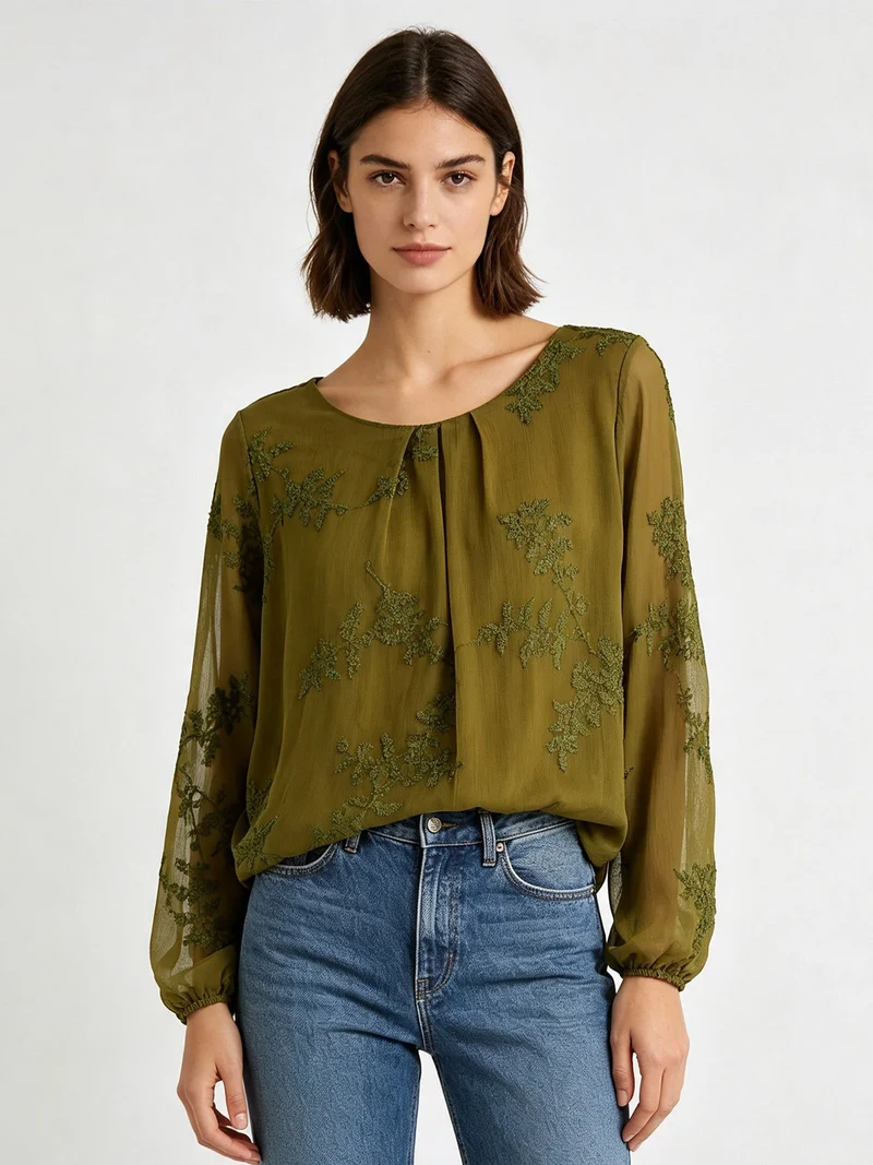 Blusa donna con ricami e maniche lunghe velate - oliva