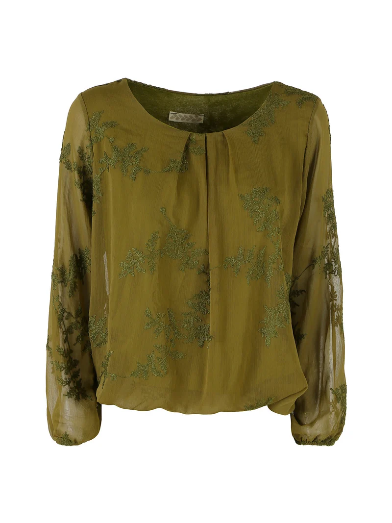 Blusa donna con ricami e maniche lunghe velate - oliva
