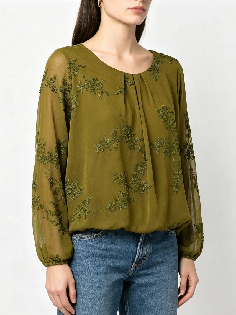 Blusa donna con ricami e maniche lunghe velate - oliva