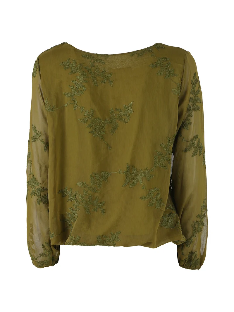 Blusa donna con ricami e maniche lunghe velate - oliva