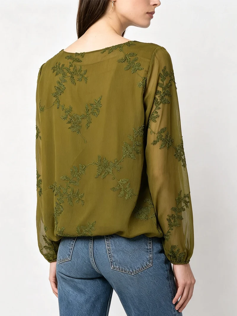 Blusa donna con ricami e maniche lunghe velate - oliva