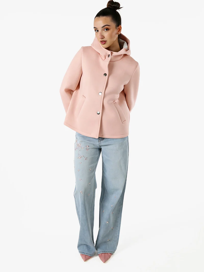 Giacca da donna in panno con bottoni e cappuccio - rosa
