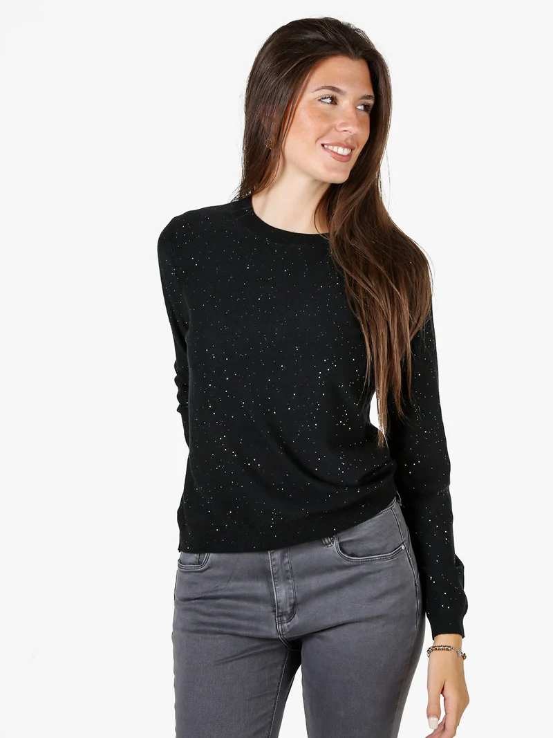 Maglia girocollo da donna con mini paillettes - nero