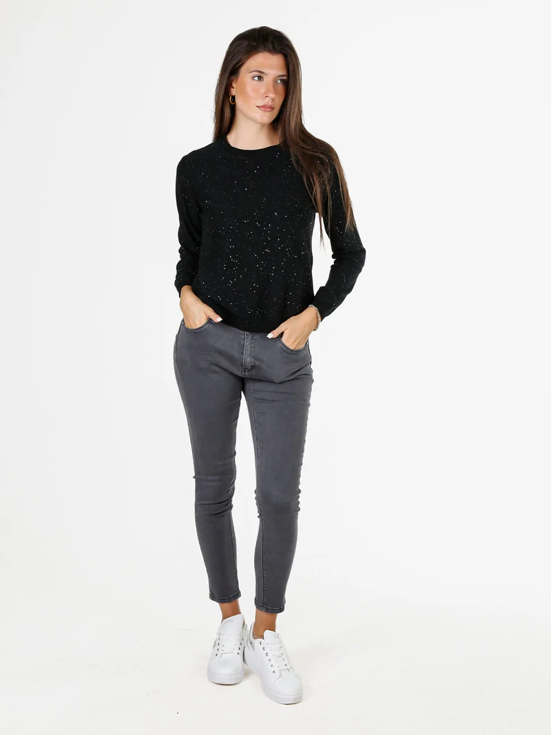Maglia girocollo da donna con mini paillettes - nero