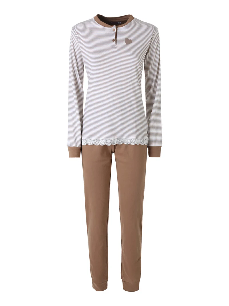 Pigiama lungo da donna in cotone interlock con maglia a righe - sabbia