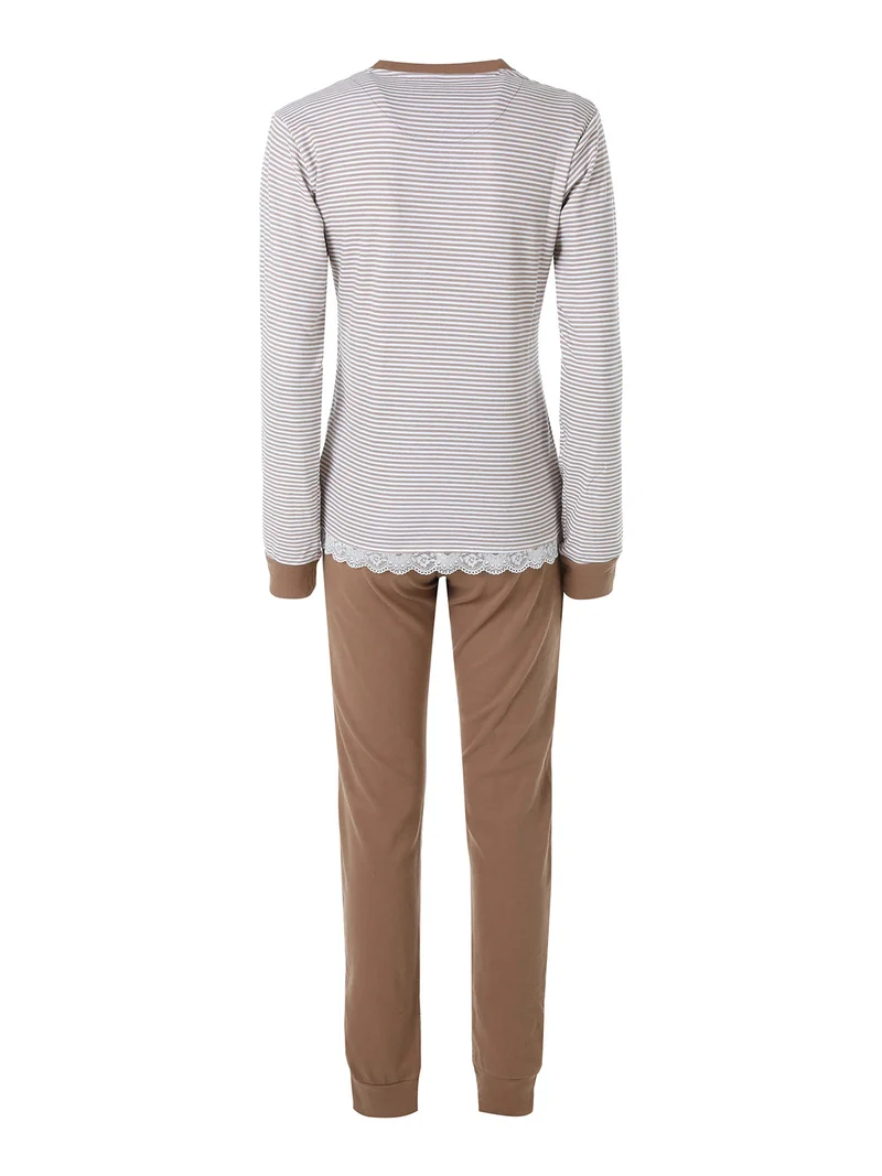 Pigiama lungo da donna in cotone interlock con maglia a righe - sabbia