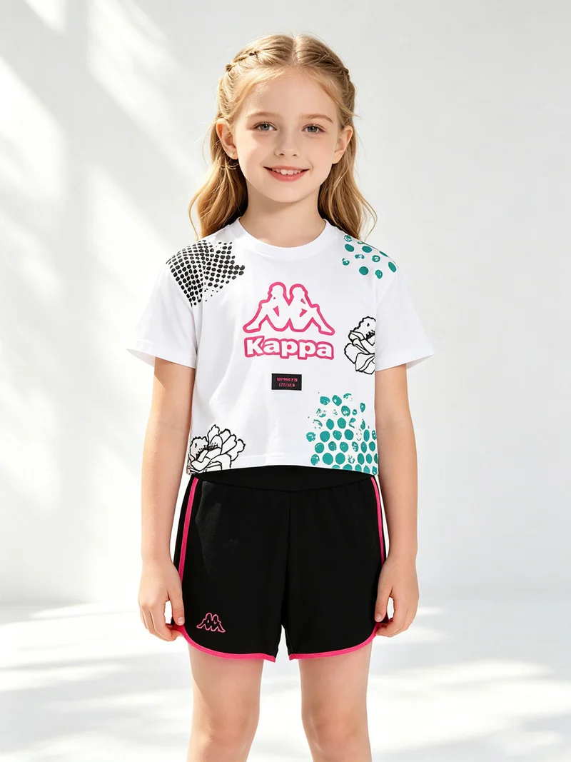 Completo corto da ragazza in cotone con t-shirt cropped e shorts - bianco