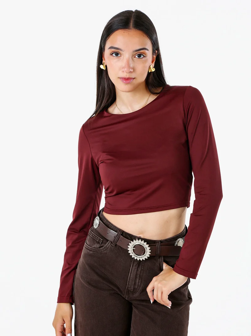 Top donna cropped a maniche lunghe con scollo tondo - bordeaux