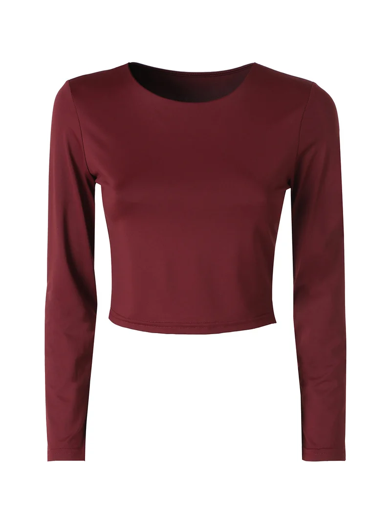Top donna cropped a maniche lunghe con scollo tondo - bordeaux