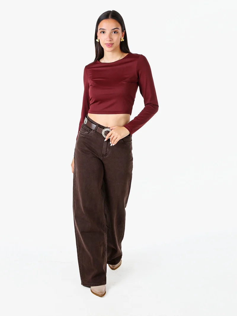 Top donna cropped a maniche lunghe con scollo tondo - bordeaux