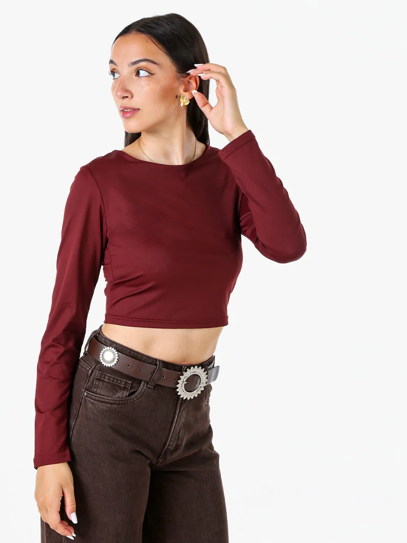 Top donna cropped a maniche lunghe con scollo tondo - bordeaux