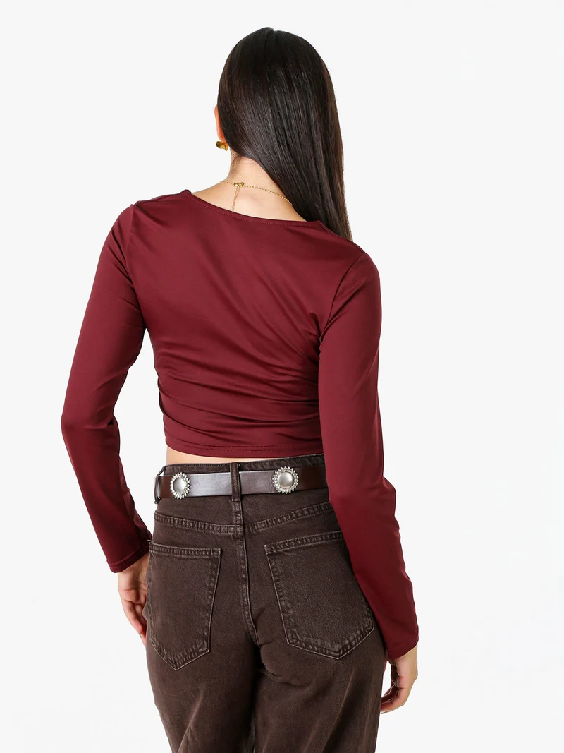 Top donna cropped a maniche lunghe con scollo tondo - bordeaux