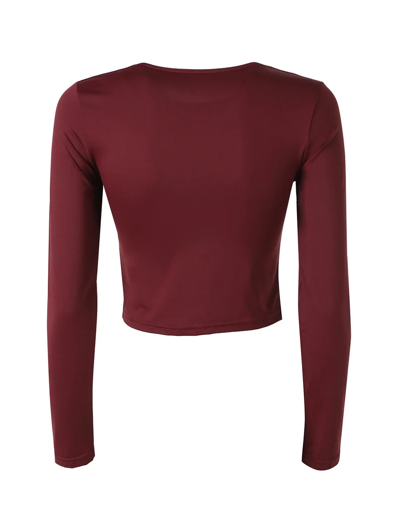 Top donna cropped a maniche lunghe con scollo tondo - bordeaux
