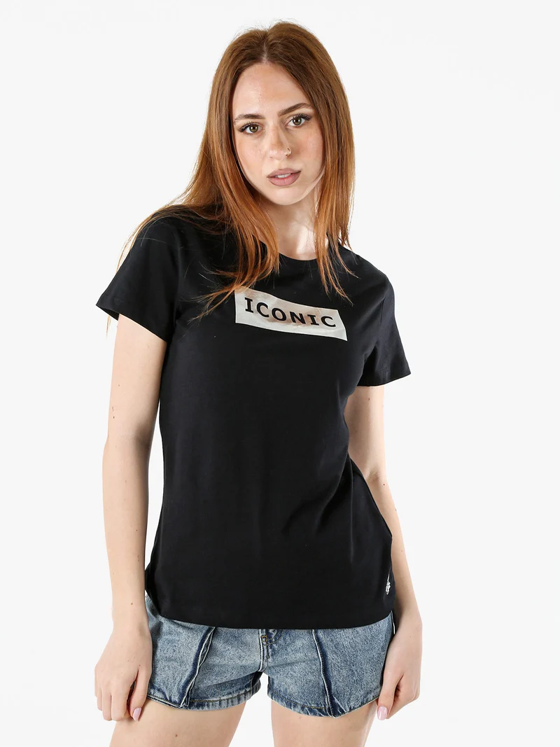 T-shirt donna in cotone con stampa argento - nero