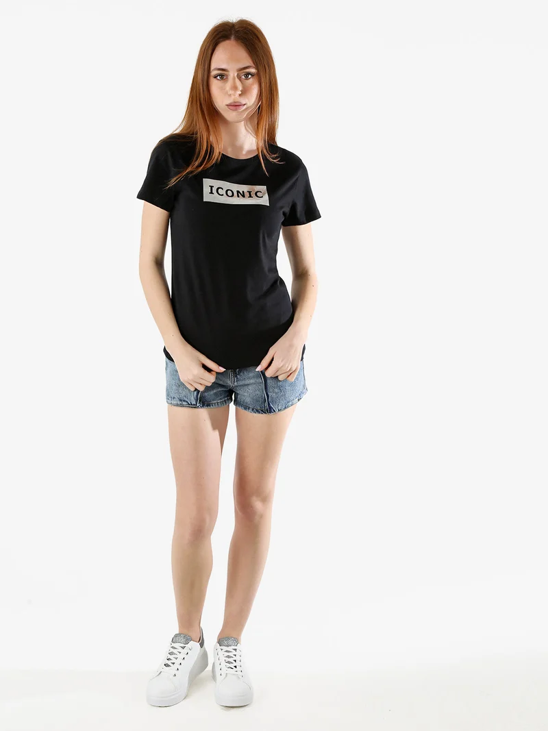 T-shirt donna in cotone con stampa argento - nero
