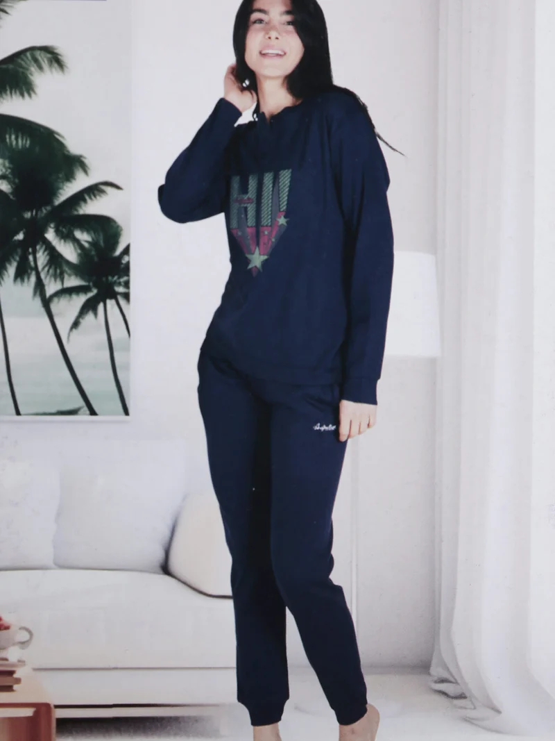 Pigiama lungo da donna con stampa - blu scuro