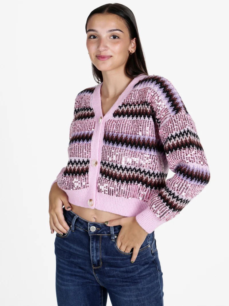 Cardigan donna crop con paillettes - rosa