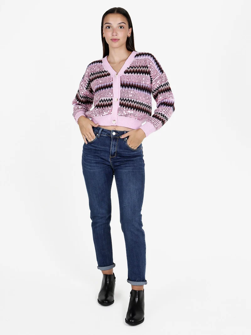 Cardigan donna crop con paillettes - rosa