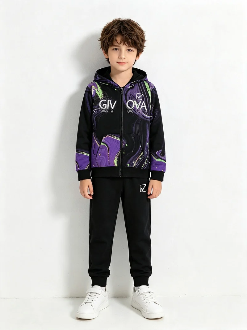 Completo tuta 2 pezzi da bambino con cappuccio e zip - viola